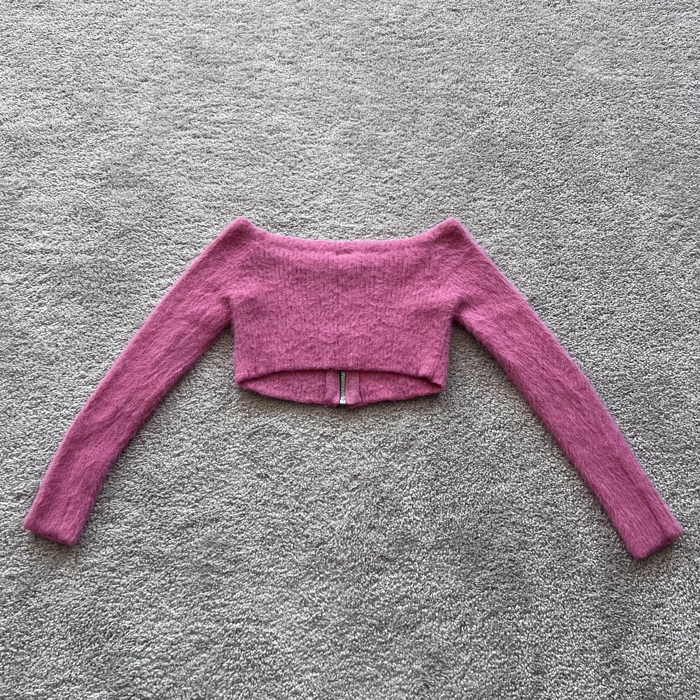 The Ragged Priest Eyelash Fuzzy Knit Sweater‎ Womens S Pink Crop Zip - Picture 2 of 12